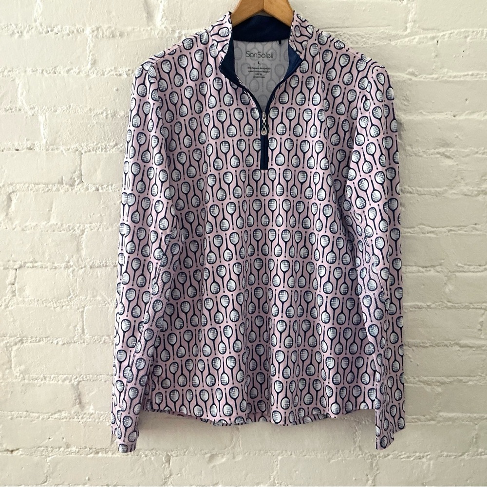 SanSolei Womens Tennis Racket Print Long Sleeve 1/4 Zip Athletic Top Shirt Sz L